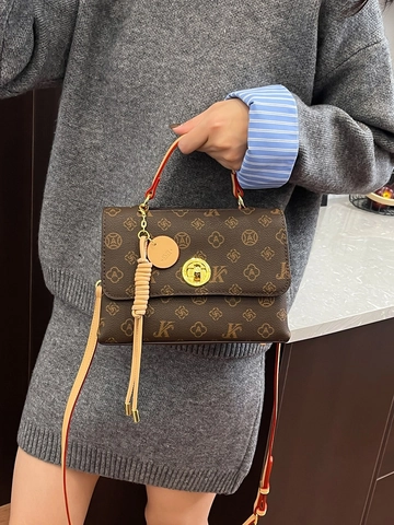 Vintage Monogram Print Small Square Bag For Women PU Leather Retro Shoulder Crossbody Bag With Gold Rotating Lock Tassel Charm