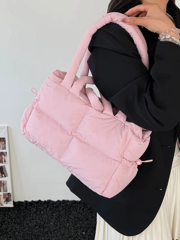 Dames Gewatteerde Puffer Tote Tas Grote Capaciteit Lichtgewicht Nylon Schoudertas Met Trekkoorden Aan De Zijkant Mode Handtas