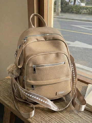 Large Capacity PU Leather Lychee Pattern Backpack For Women College Students School Bag Travel Commute Fashion Rucksack With Plush Ball Charm