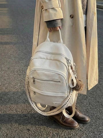 Large Capacity PU Leather Lychee Pattern Backpack For Women College Students School Bag Travel Commute Fashion Rucksack With Plush Ball Charm