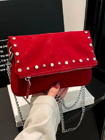 Vintage Women Rivet Chain Shoulder Bag PU Leather Small Square Crossbody Bag With Silver Metal Rivets Urban Casual Fashion