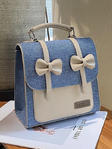 Zaino da Donna in Denim Pelle PU Stile Preppy Dolce Fiocco Borsa a Mano Doppio Uso Piccola Cartella per Studenti Viaggi