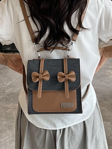 Zaino da Donna in Denim Pelle PU Stile Preppy Dolce Fiocco Borsa a Mano Doppio Uso Piccola Cartella per Studenti Viaggi