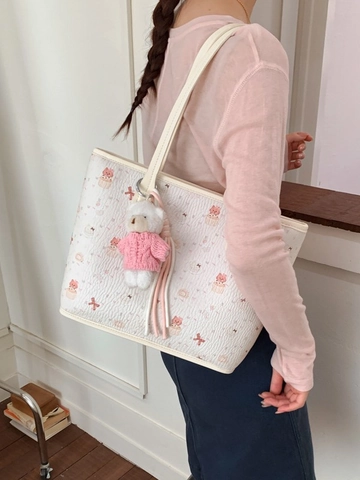 Sac Tote Femme Imprimé Dessin Animé Mignon Grande Capacité Sac à Épaule en Cuir PU Avec Pendentif Ours Style Soft Girl