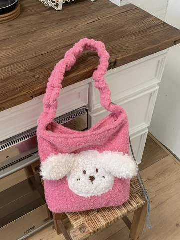 Süße Plüsch Welpe Eimertasche Für Damen Große Kapazität Kordelzug Umhängetasche Weiche Fleece Crossbody Tasche Mit Rüschenriemen