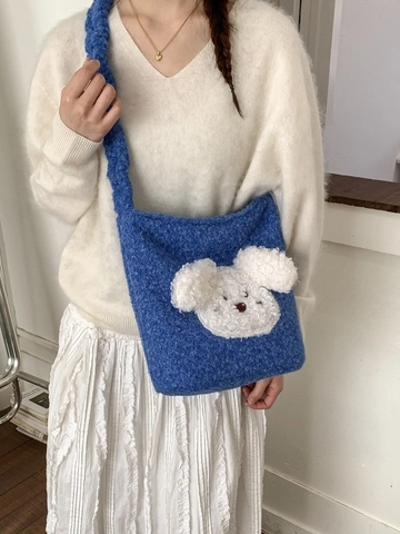 Süße Plüsch Welpe Eimertasche Für Damen Große Kapazität Kordelzug Umhängetasche Weiche Fleece Crossbody Tasche Mit Rüschenriemen