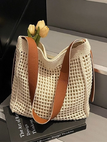 Damen Gestrickte Gewebte Tragetasche Große Kapazität Hohl Häkeln Umhängetasche Lazy Stil Strand Urlaub Handtasche