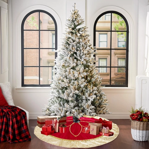 Red Velvet Christmas Tree Skirt With Gold Embroidery Sequin Lace Border Luxurious Xmas Holiday Home Tree Base Decoration