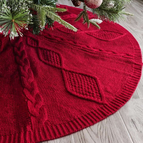 Rote Gestrickte Weihnachtsbaumdecke Rund Zopfmuster Rautenmuster Mit Schleifen Für Feiertags Party Heimdekoration