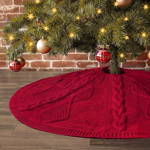 Rote Gestrickte Weihnachtsbaumdecke Rund Zopfmuster Rautenmuster Mit Schleifen Für Feiertags Party Heimdekoration