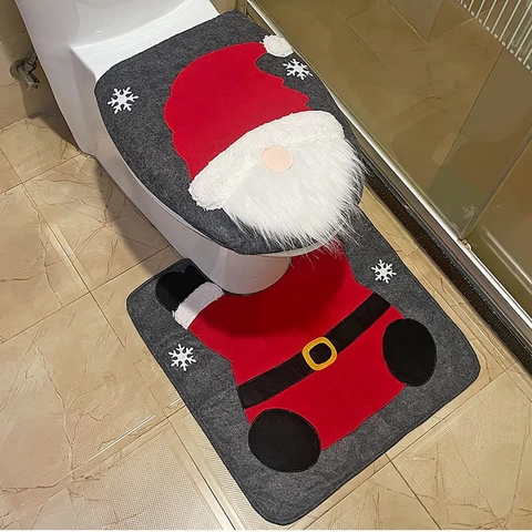 Christmas Gnome Toilet Seat Cover And Rug Set Polyester Felt Snowflake Pattern Bathroom Decoration Festive Home Ornament
