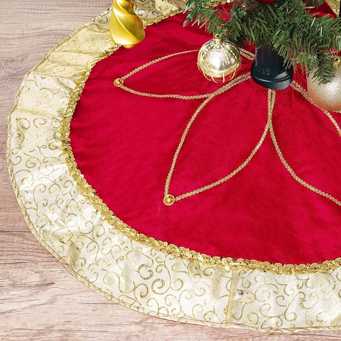 Red Velvet Christmas Tree Skirt With Gold Embroidery Sequin Lace Border Luxurious Xmas Holiday Home Tree Base Decoration