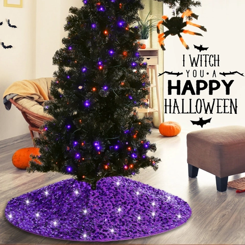 Paarse Pailletten Boomrok Glinsterende Ronde Kerstboom Halloween Boombasis Cover Voor Feestelijk Feest Thuis Decoratie