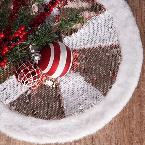 Falda de Árbol de Navidad con Lentejuelas Oro Champaña Plata Cubierta de Base con Borde de Piel Sintética Blanca