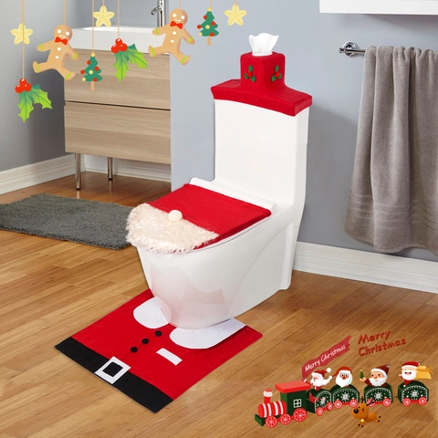 Ensemble de 3 Pièces Couvre-siège de Toilettes de Noël Père Noël Rouge Polyester Kit de Décoration de Salle de Bain Couvercle de Réservoir Tapis