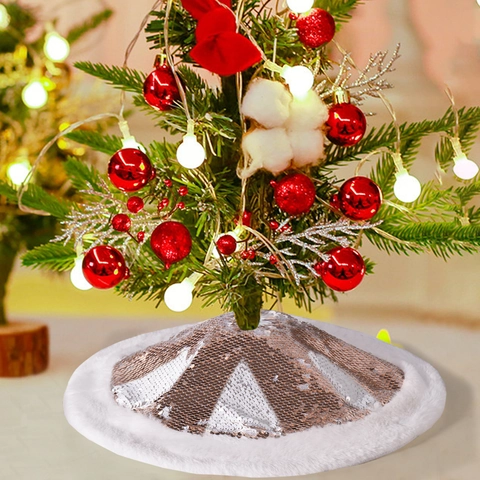 Falda de Árbol de Navidad con Lentejuelas Oro Champaña Plata Cubierta de Base con Borde de Piel Sintética Blanca