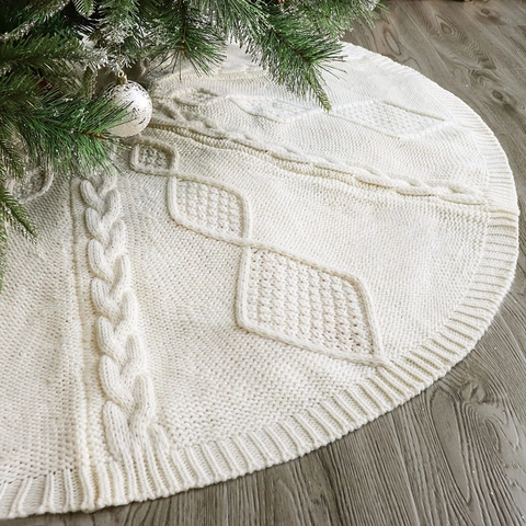 Ivory White Cable Knit Christmas Tree Skirt Diamond Pattern Knitted Festive Tree Apron For Holiday Party Home Decoration