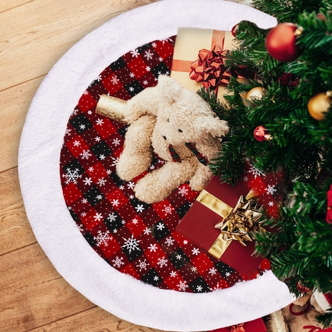 Gonna per Albero di Natale a Quadri Buffalo Rossi e Neri Con Bordo in Pelliccia Sintetica Bianca Fiocchi di Neve Decorazione