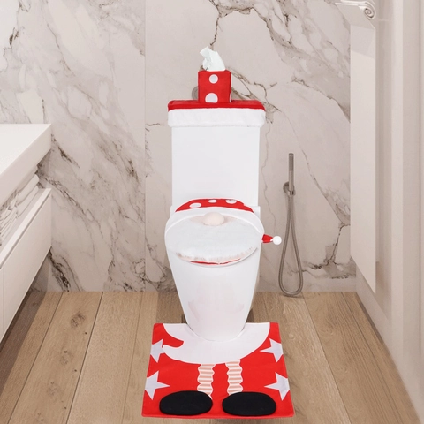 Christmas Gnome Toilet Seat Cover Water Tank Lid Cover And Bathroom Rug Red Polka Dot Polyester Fabric Home Decor