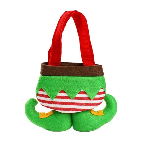 Christmas Elf Candy Gift Bag With Feet Handle Polyester Green Red Striped Elf Pants Treat Bag For Holiday Party Favors