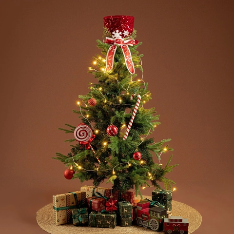 Weihnachtsbaumspitze Roter Pailletten Zylinder Ornament Mit Schneeflocke Zuckerstange Schleife Grüne Kiefernnadeln Feiertag Party Haus Deko