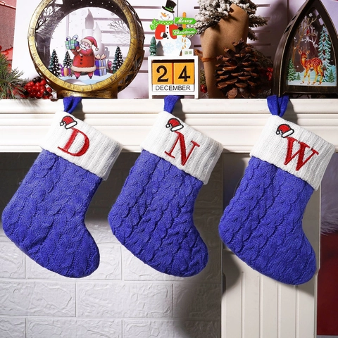 Weihnachtsstrumpf Alphabet Gestrickt Blau Weiß Weihnachtsbaum Deko Geschenktüte Pfote Schneeflocke Initial Deko