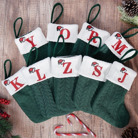 Calza di Natale in Maglia di Poliestere Con Lettera Iniziale Alfabeto Ricamo a Trecce Decorazione da Appendere per Albero di Natale