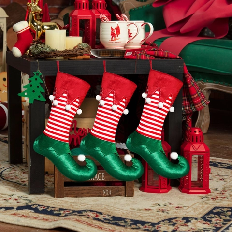 Calza Natalizia a Forma di Stivale da Elfo Decorazione da Appendere a Righe Rosso Verde Sacchetto Regalo Piedi da Elfo