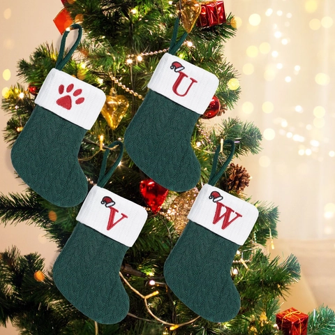 Calza di Natale in Maglia di Poliestere Con Lettera Iniziale Alfabeto Ricamo a Trecce Decorazione da Appendere per Albero di Natale