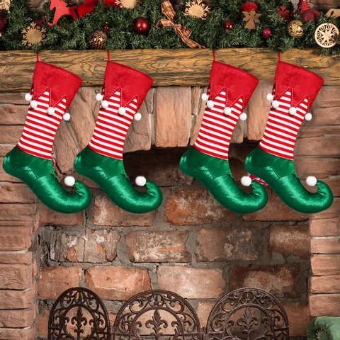 Calza Natalizia a Forma di Stivale da Elfo Decorazione da Appendere a Righe Rosso Verde Sacchetto Regalo Piedi da Elfo