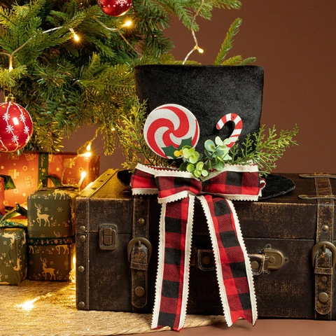 Adorno para Copa de Árbol de Navidad Sombrero de Copa Negro Decoración Con Lazo de Cuadros Buffalo Bastón de Caramelo Menta Agujas de Pino Artificiales Ornamento para Hogar Fiesta