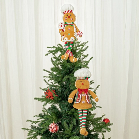 Polyester Plush Christmas Gingerbread Man Chef Ornament With Long Legs Striped Beaded Design For Xmas Home Decoration