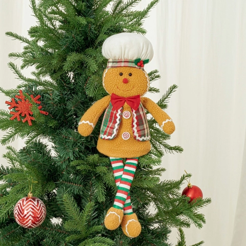 Polyester Plush Christmas Gingerbread Man Chef Ornament With Long Legs Striped Beaded Design For Xmas Home Decoration