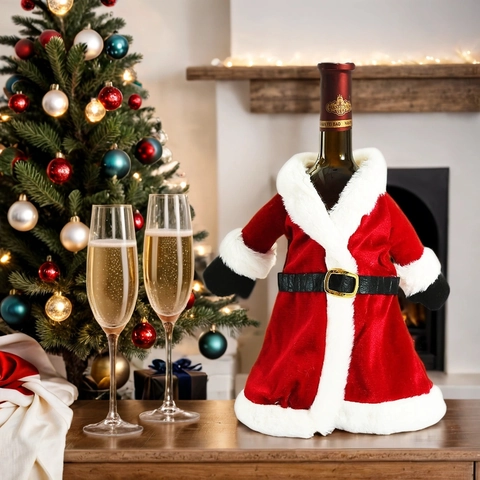 Housse de Bouteille de Vin de Noël en Polyester Velours Design Robe de Père Noël Avec Ceinture Décoration de Table Fête