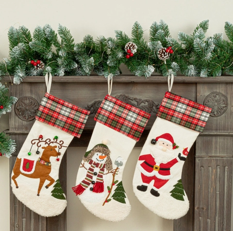 Kerstsok Decoratie Geruite Manchet Polyester Doek Kerstman Sneeuwpop Rendier Applicatie Voor Open Haard Huis Vakantie Feest