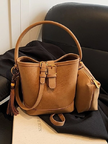 Vintage PU Leather Bucket Bag For Women Retro Minimalist Shoulder Crossbody Handbag With Tassel And Small Inner Pouch
