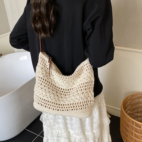 Women Hollow Woven Straw Crossbody Bag Crochet Tote For Beach Vacation Leisure Daily Shoulder Bag With Adjustable Strap