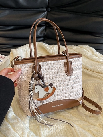 Borsa a Secchiello da Donna in Pelle PU Intrecciata Con Ciondolo a Cavallo Tracolla Regolabile Borsa Tote Casual a Tracolla Fashion & Bags