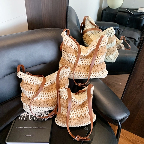 Women Hollow Woven Straw Crossbody Bag Crochet Tote For Beach Vacation Leisure Daily Shoulder Bag With Adjustable Strap
