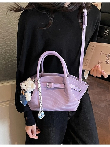 Damen Retro PU Leder Eimertasche Ziernaht Gürtelschnalle Mit Süßem Bären Anhänger Lässige Umhängetasche Für Den Alltag