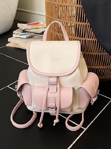 Mochila de Moda para Mujer de Cuero PU Retro Color Contraste Textura Lichi Gran Capacidad Cordón Bolso de Hombro Viaje Escuela