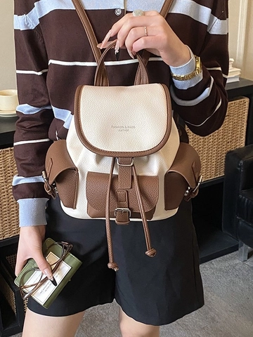 Mochila de Moda para Mujer de Cuero PU Retro Color Contraste Textura Lichi Gran Capacidad Cordón Bolso de Hombro Viaje Escuela