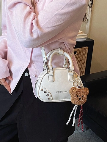 Women High Quality Fashion PU Bowling Bag Rivet Exquisite Niche Handbag With Bear Pendant Versatile Crossbody Shoulder Bag