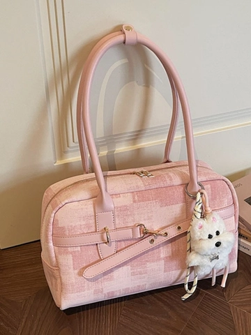 Große Damen Tragetasche Koreanische Nische Schachbrett PU Schultertasche Mit Plüsch Hund Anhänger Pendeln Arbeit Handtasche