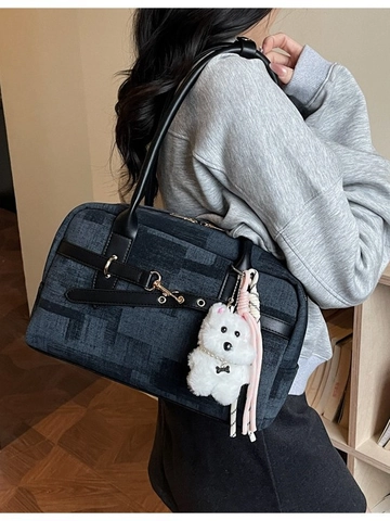 Große Damen Tragetasche Koreanische Nische Schachbrett PU Schultertasche Mit Plüsch Hund Anhänger Pendeln Arbeit Handtasche