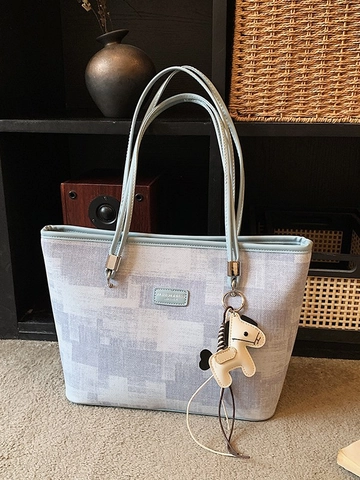 Women Vintage PU Leather Tote Bag Large Capacity Geometric Pattern Shoulder Bag Commuter Daily Handbag Horse Pendant