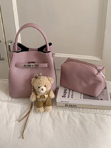 Minimalist Litchi Pattern PU Leather Bucket Bag For Women Retro Metal Lock Shoulder Crossbody Bag With Cute Bear Pendant