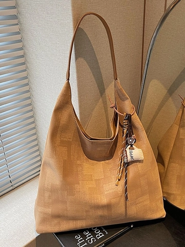 Sac Fourre-Tout Décontracté pour Femmes en Tissu Texture Géométrique Grande Capacité Sac à Épaule Et Pochette Avec Pendentif Tasse de Café
