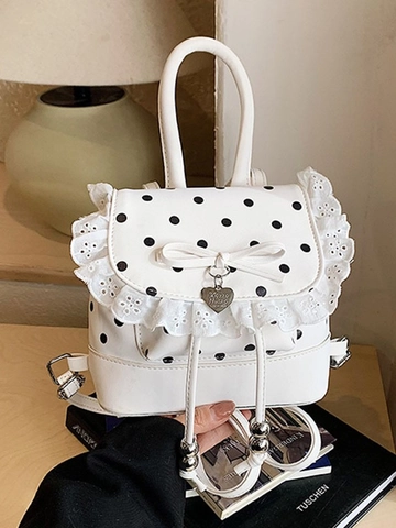 Linda Mini Mochila Estampado De Lunares Ribete De Encaje Lazo Decoración Colgante De Corazón Bolso De Cuero PU Para Mujer Niñas