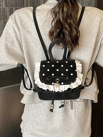 Linda Mini Mochila Estampado De Lunares Ribete De Encaje Lazo Decoración Colgante De Corazón Bolso De Cuero PU Para Mujer Niñas